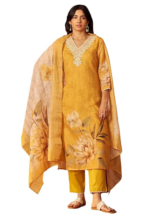 INDO ERA Women's Straight Linen Floral Printed Embroidered Kurta & Pant with Dupatta Set - Image 6