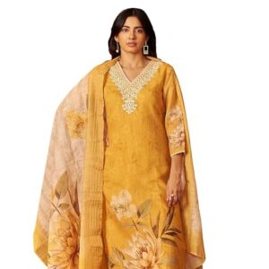 INDO ERA Women's Straight Linen Floral Printed Embroidered Kurta & Pant with Dupatta Set