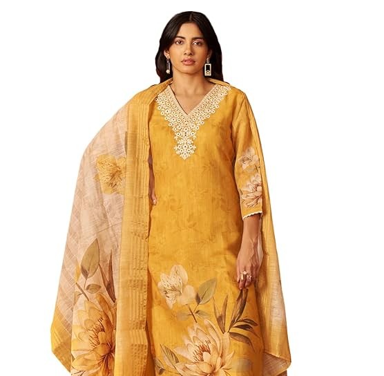 INDO ERA Women's Straight Linen Floral Printed Embroidered Kurta & Pant with Dupatta Set