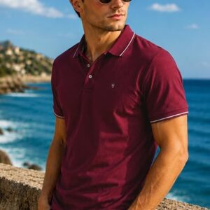 Louis Philippe Men's Slim Fit Single-Tuck Pique Stylized Sleeve Print and Contrast Tipping Half Sleeve Solid Polo Tshirt
