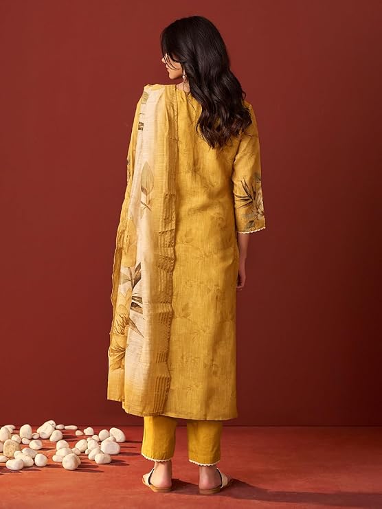 INDO ERA Women's Straight Linen Floral Printed Embroidered Kurta & Pant with Dupatta Set - Image 2