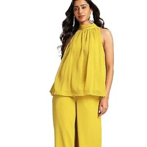 Janasya Women's Chiffon Woven Design Gathered Co-Ord Set