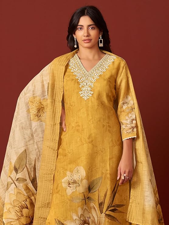 INDO ERA Women's Straight Linen Floral Printed Embroidered Kurta & Pant with Dupatta Set - Image 3