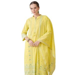 INDO ERA Women's Straight Pure Cotton Ethnic Motifs Printed Kurta & Pant with Dupatta Set (IESTR9770)