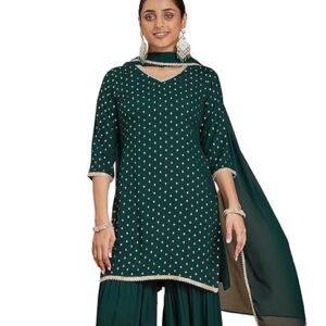 Janasya Women's Dark Green Rayon Embellished Foil Printed Kurta with Sharara & Dupatta Set