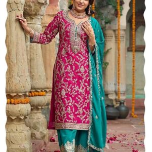 INDO ERA Womens Silk Blend Embroidered Straight Kurta Pant Dupatta Set
