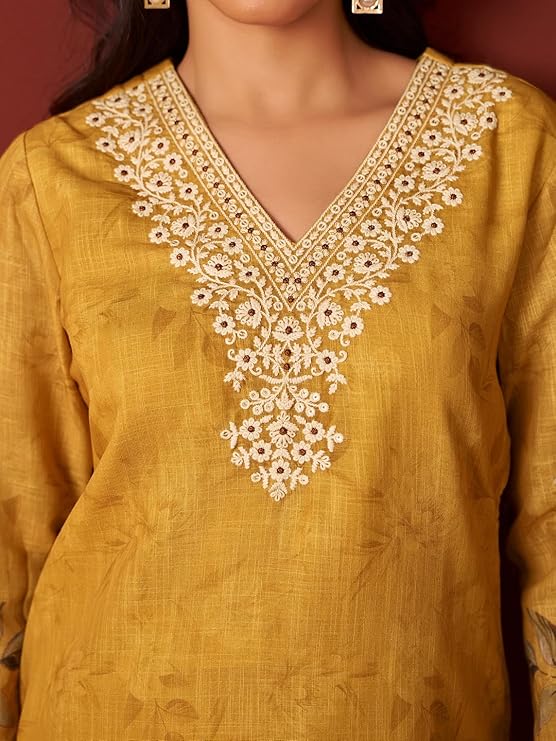 INDO ERA Women's Straight Linen Floral Printed Embroidered Kurta & Pant with Dupatta Set - Image 4