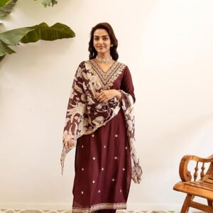 INDO ERA Women's Embroidered Viscose Rayon Kurta & Pant With Dupatta Set