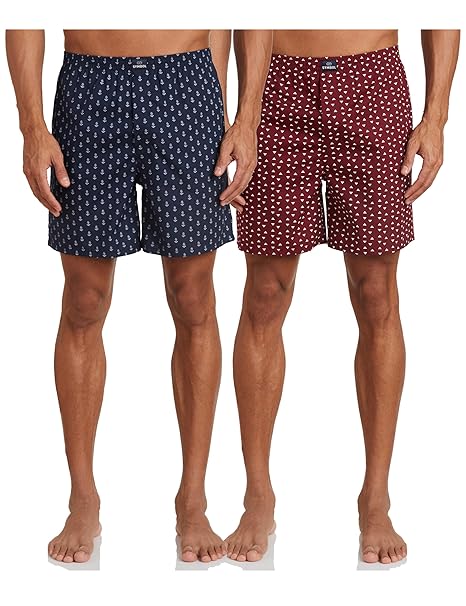 Amazon Brand - Symbol Men's Cotton Printed Boxer Shorts (Combo Pack of 2) Casual | Underwear | Half Pants | Short Pant - Regular Fit with Back Pocket