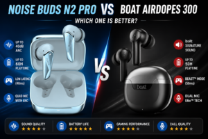 "Noise Buds N2 Pro vs boAt Airdopes 300 comparison image showing design, sound quality, battery life, gaming performance, ANC features, and call quality of both wireless earbuds."